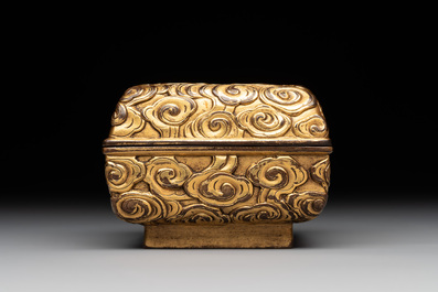 A Chinese square gilt bronze ink box and cover (印泥盒), Xuande mark and possibly of the period