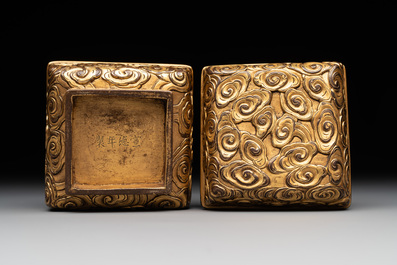 A Chinese square gilt bronze ink box and cover (印泥盒), Xuande mark and possibly of the period