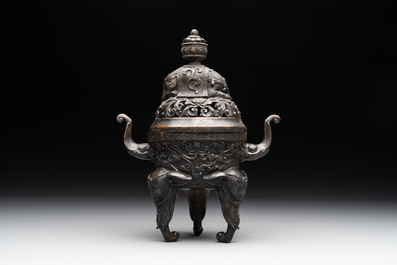 A Chinese bronze 'elephant' censer and cover, Qianlong mark, 18/19th C.