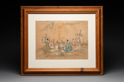 A Chinese Canton gilt-lacquered and painted paper fan and a framed relief painting, 19th C.