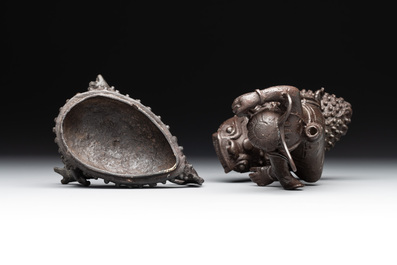 A rare Chinese bronze incense burner and cover in the shape of Liu Hai and a three legged toad, Ming