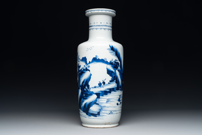 A Chinese blue and white rouleau vase with fishermen in a landscape, Kangxi