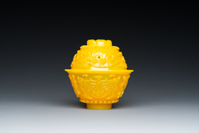 A fine Chinese yellow Peking glass bowl and cover, Qianlong mark and of the period