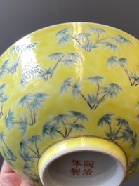 A Chinese blue and white bowl with floral design and a famille verte yellow-ground 'bamboo' bowl, Tongzhi mark, 18/19th C.