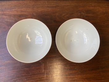 A pair of Chinese famille rose yellow-ground 'butterfly' bowls, Tongzhi mark, 20th C.