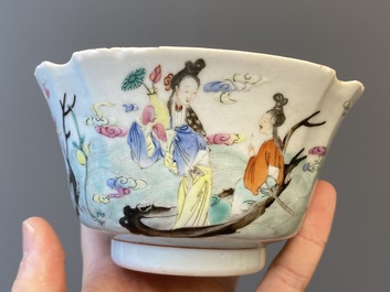 A Chinese famille rose bowl, a 'peaches' plate, a blue and white and iron-red bowl and a 'phoenix' plate, Wanli and Jiaqing marks, 19th C.