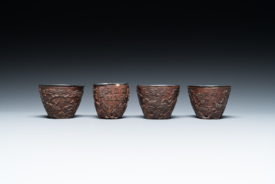 Four Chinese silver-lined coconut cups, Wang Hengxin 王恒馨 mark, 19/20th C.