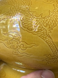 Two Chinese incised yellow-glazed triple gourd vases with dragons and lotus scrolls, Longqing mark, 20th C.