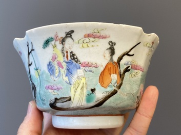 A Chinese famille rose bowl, a 'peaches' plate, a blue and white and iron-red bowl and a 'phoenix' plate, Wanli and Jiaqing marks, 19th C.