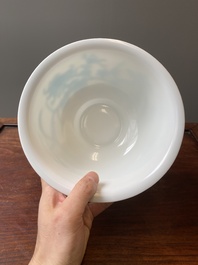 A Chinese blue-overlay white Beijing glass 'meiping' vase, a bowl and a bottle, 19/20th C.