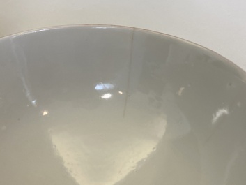 A pair of Chinese famille rose yellow-ground 'butterfly' bowls, Tongzhi mark, 20th C.
