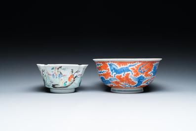 A Chinese famille rose bowl, a 'peaches' plate, a blue and white and iron-red bowl and a 'phoenix' plate, Wanli and Jiaqing marks, 19th C.