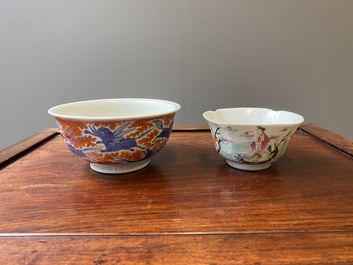 A Chinese famille rose bowl, a 'peaches' plate, a blue and white and iron-red bowl and a 'phoenix' plate, Wanli and Jiaqing marks, 19th C.