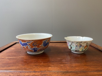 A Chinese famille rose bowl, a 'peaches' plate, a blue and white and iron-red bowl and a 'phoenix' plate, Wanli and Jiaqing marks, 19th C.