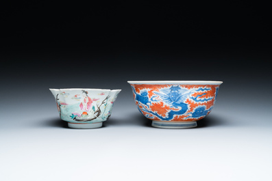 A Chinese famille rose bowl, a 'peaches' plate, a blue and white and iron-red bowl and a 'phoenix' plate, Wanli and Jiaqing marks, 19th C.