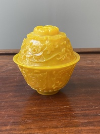 A fine Chinese yellow Peking glass bowl and cover, Qianlong mark and of the period