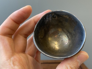 Four Chinese silver-lined coconut cups, Wang Hengxin 王恒馨 mark, 19/20th C.