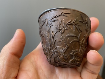 Four Chinese silver-lined coconut cups, Wang Hengxin 王恒馨 mark, 19/20th C.