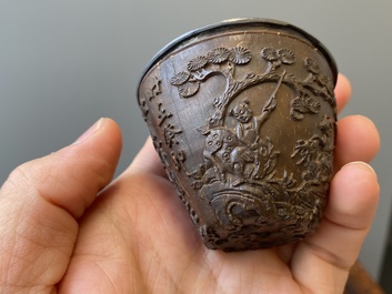 Four Chinese silver-lined coconut cups, Wang Hengxin 王恒馨 mark, 19/20th C.