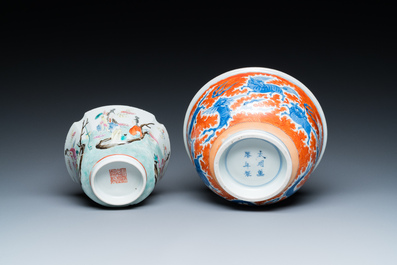 A Chinese famille rose bowl, a 'peaches' plate, a blue and white and iron-red bowl and a 'phoenix' plate, Wanli and Jiaqing marks, 19th C.