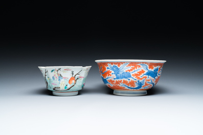 A Chinese famille rose bowl, a 'peaches' plate, a blue and white and iron-red bowl and a 'phoenix' plate, Wanli and Jiaqing marks, 19th C.