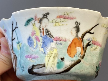A Chinese famille rose bowl, a 'peaches' plate, a blue and white and iron-red bowl and a 'phoenix' plate, Wanli and Jiaqing marks, 19th C.