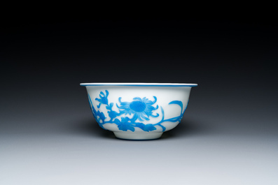 A Chinese blue-overlay white Beijing glass 'meiping' vase, a bowl and a bottle, 19/20th C.