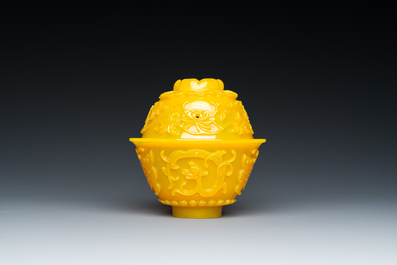 A fine Chinese yellow Peking glass bowl and cover, Qianlong mark and of the period