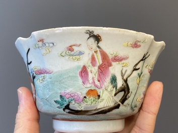 A Chinese famille rose bowl, a 'peaches' plate, a blue and white and iron-red bowl and a 'phoenix' plate, Wanli and Jiaqing marks, 19th C.