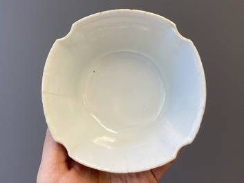 A Chinese famille rose bowl, a 'peaches' plate, a blue and white and iron-red bowl and a 'phoenix' plate, Wanli and Jiaqing marks, 19th C.