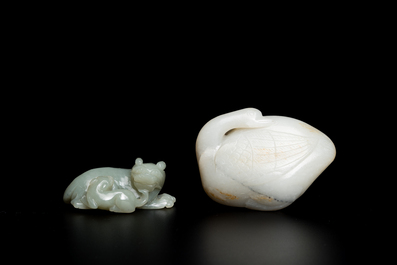 A Chinese celadon jade carving of a lion with cub and a white jade carving of a goose, Qing