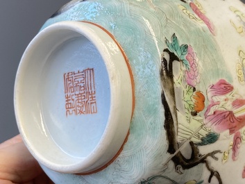 A Chinese famille rose bowl, a 'peaches' plate, a blue and white and iron-red bowl and a 'phoenix' plate, Wanli and Jiaqing marks, 19th C.