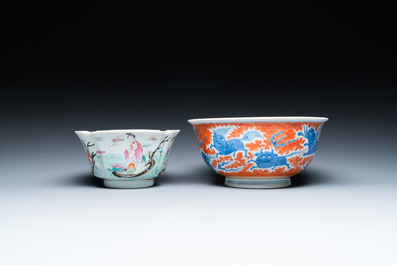A Chinese famille rose bowl, a 'peaches' plate, a blue and white and iron-red bowl and a 'phoenix' plate, Wanli and Jiaqing marks, 19th C.
