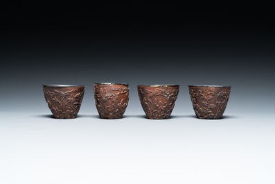 Four Chinese silver-lined coconut cups, Wang Hengxin 王恒馨 mark, 19/20th C.
