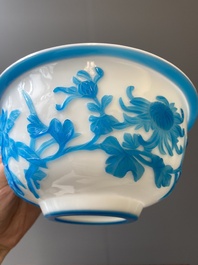 A Chinese blue-overlay white Beijing glass 'meiping' vase, a bowl and a bottle, 19/20th C.