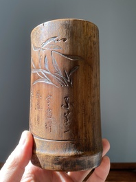 Two Chinese bamboo brush pots, signed Gu Heng 顧恆 and Lu Cheng 呂城, and a red cinnabar lacquer covered box and a saucer, 18/19th C.