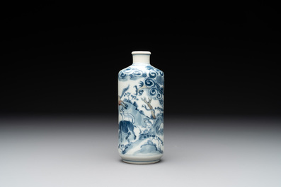 A large Chinese blue, white and copper-red 'zodiac' snuff bottle, squirrel mark, 19th C.