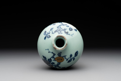 A rare Chinese blue, white and iron-red celadon-ground 'pomegranate' 'meiping' vase, Qianlong mark and of the period