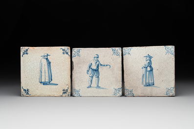 Six blue and white Dutch Delft tiles with large figures, 17th C.