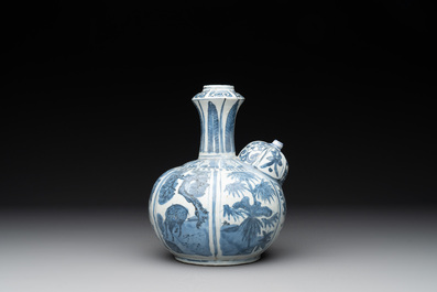 A Chinese blue and white 'kraak' porcelain 'deer and rooster' kendi, Wanli