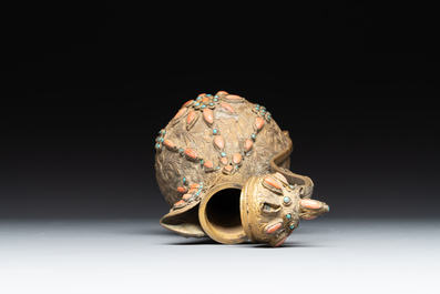 An Ottoman coral-and-turquoise-inlaid gilt-copper tea service with five Chinese wucai cups, 19th C.