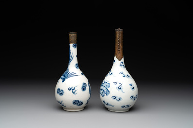 Two Chinese blue and white 'Bleu de Hue' vases with a phoenix for the Vietnamese market, Tho 壽 and Nội phủ thị nam 內府侍南 mark, 19th C.