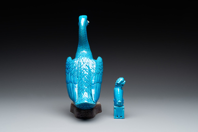 Two Chinese white-glazed Bodhisattva, a sancai-glazed duck and a turquoise-glazed lion, 20th C.