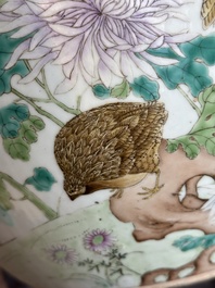 A large Chinese famille rose 'quails and chrysanthemum' 'tianqiu ping' vase, Qianlong mark, 19th C.