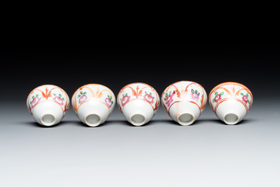 An Ottoman coral-and-turquoise-inlaid gilt-copper tea service with five Chinese wucai cups, 19th C.
