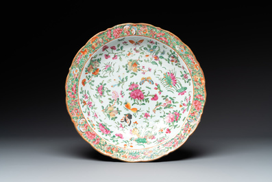 A Chinese Canton famille rose jardini&egrave;re and stand with court scenes, 19th C.