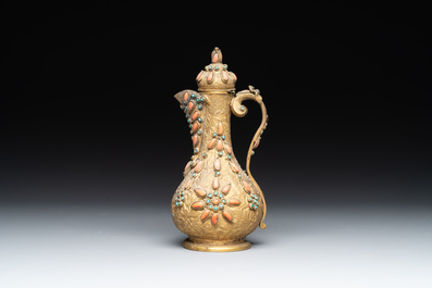 An Ottoman coral-and-turquoise-inlaid gilt-copper tea service with five Chinese wucai cups, 19th C.