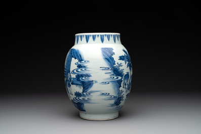 A Chinese blue and white vase with narrative design, Transitional period