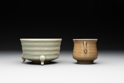 Two Chinese Longquan celadon incense burners and three saucers, Yuan/Ming