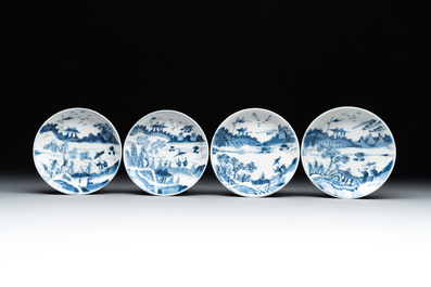 Four Chinese blue and white 'landscape' cups and saucers, Kangxi